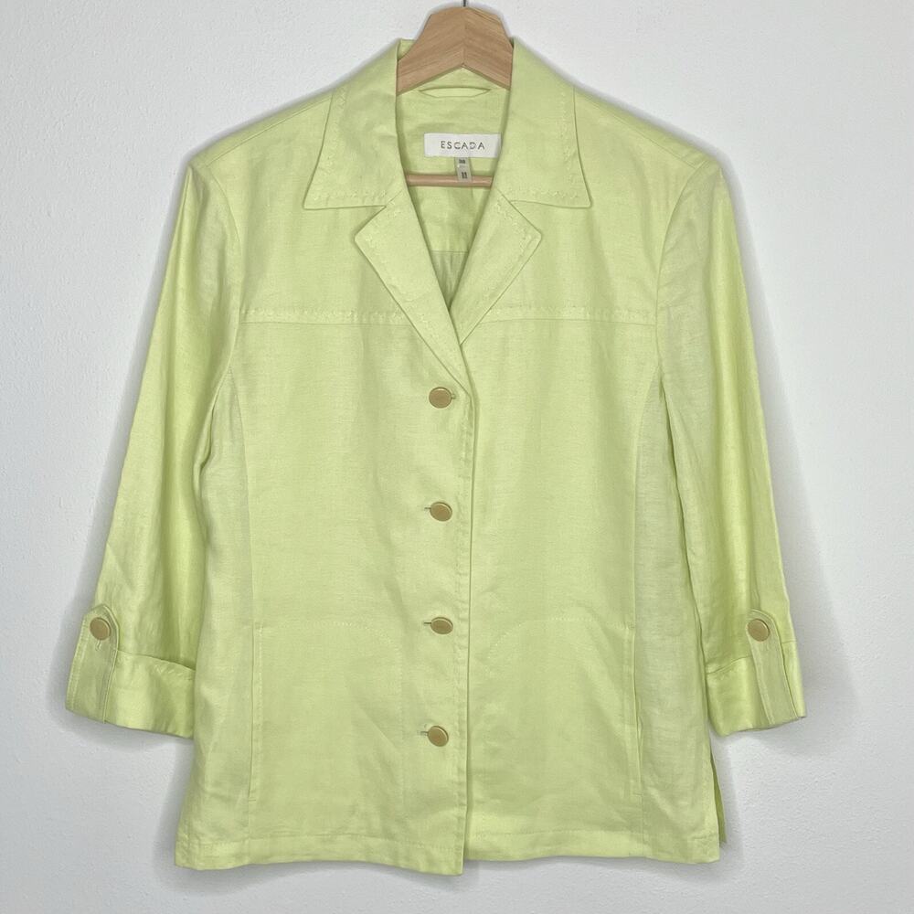 Escada Linen Jacket Lime Green 4 Button Blazer Jacket Women’s Size 38 Unlined